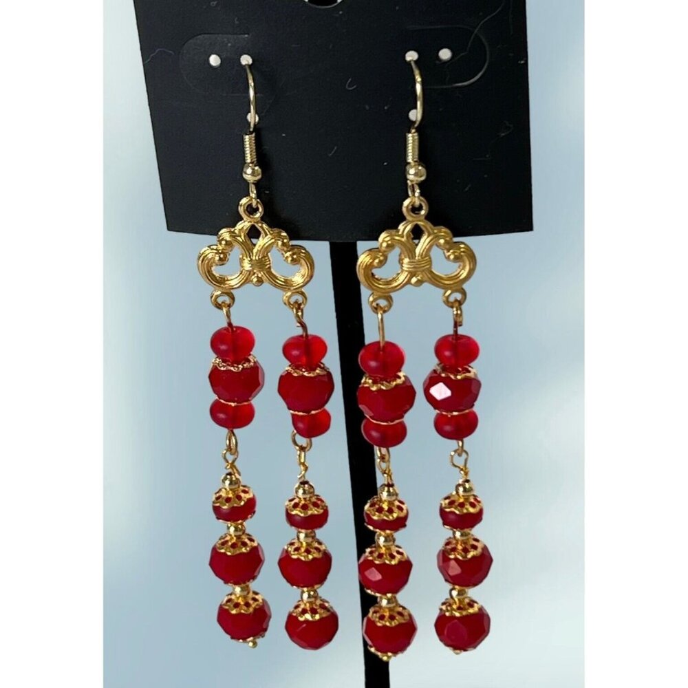 Red Beaded Earrings Long Gold Tone Dangle Chandelier Drop Glass Beads 3"